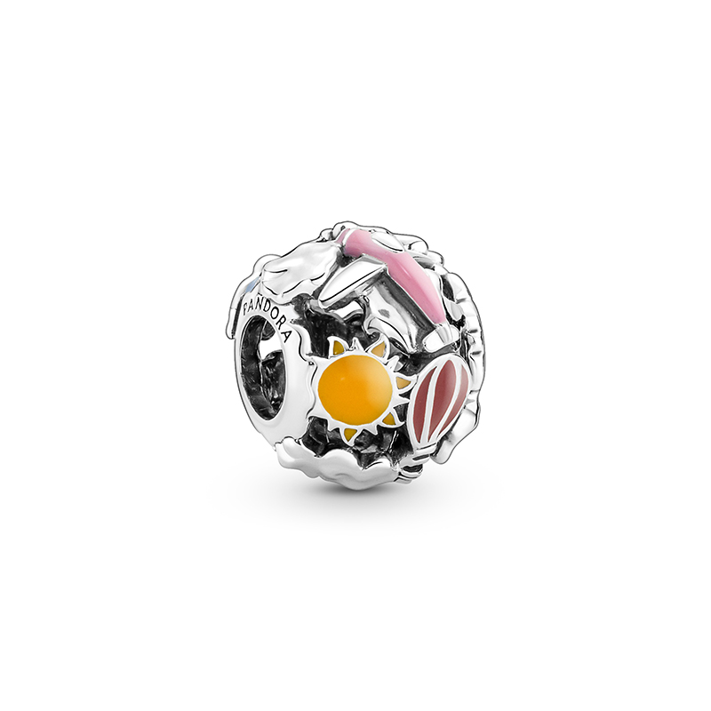 Silver charm featuring colorful enamel designs of a sun, pink clouds, and a red balloon, representing a whimsical travel theme.