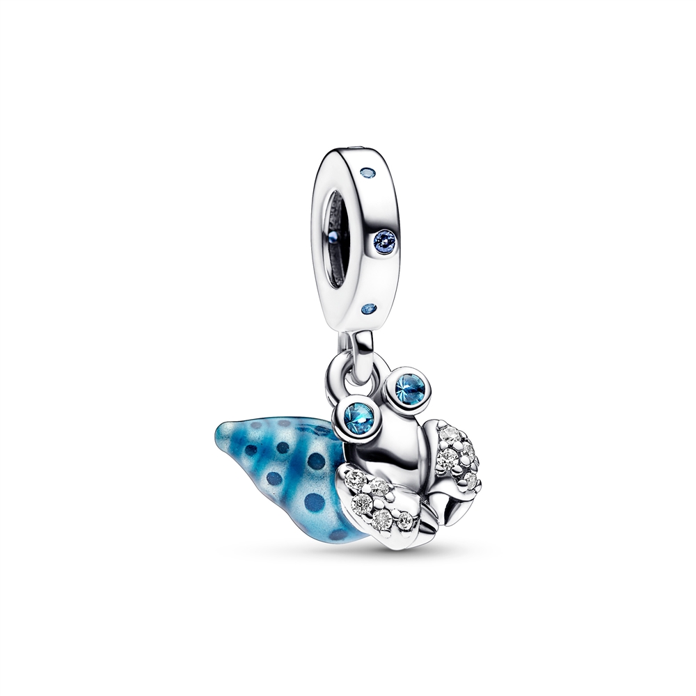 Glow-in-the-dark dangle charm featuring a silver hermit crab with blue accents and sparkling details, attached to a round bail with blue stones.
