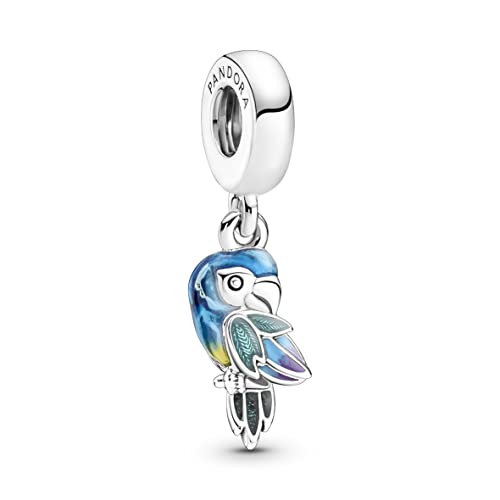Colorful parrot charm featuring intricate enamel detailing in blue, green, and purple, crafted from sterling silver with a polished finish and a hole for threading.