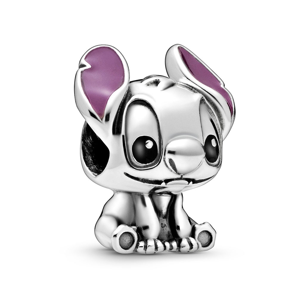 Sterling silver charm featuring a cute Stitch design with purple enamel accents on the ears, showcasing a playful and adorable expression.