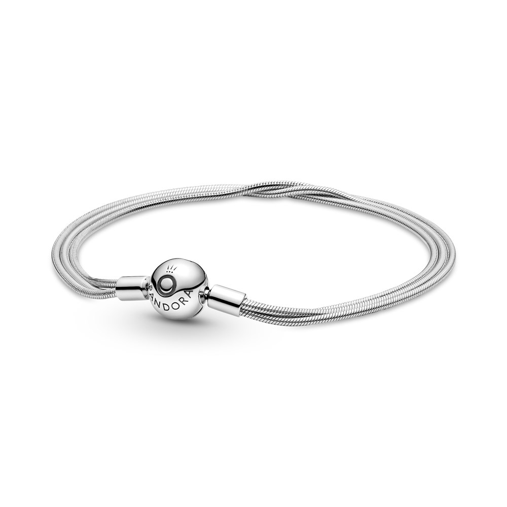 Silver multi snake chain bracelet featuring a smooth, rounded clasp engraved with "Pandora," showcasing a sleek and modern design.
