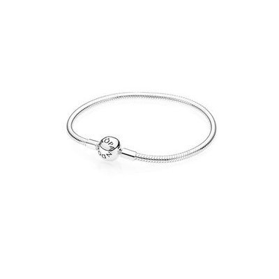 Sterling silver Pandora Moments Snake Chain Bracelet, 17 cm, featuring a smooth, flexible design with a signature clasp engraved with "Pandora."