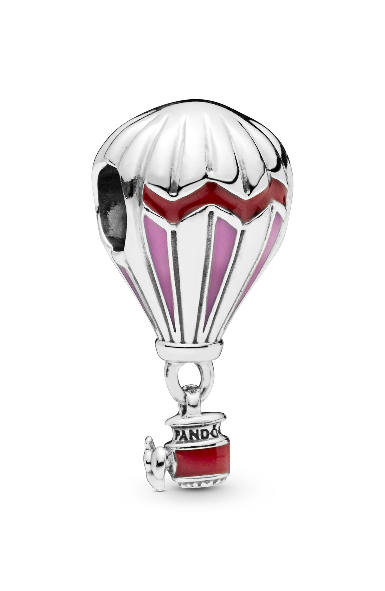 Silver dangle charm shaped like a hot air balloon, featuring pink and red enamel accents, with "PANDA" engraved on a small red container below.
