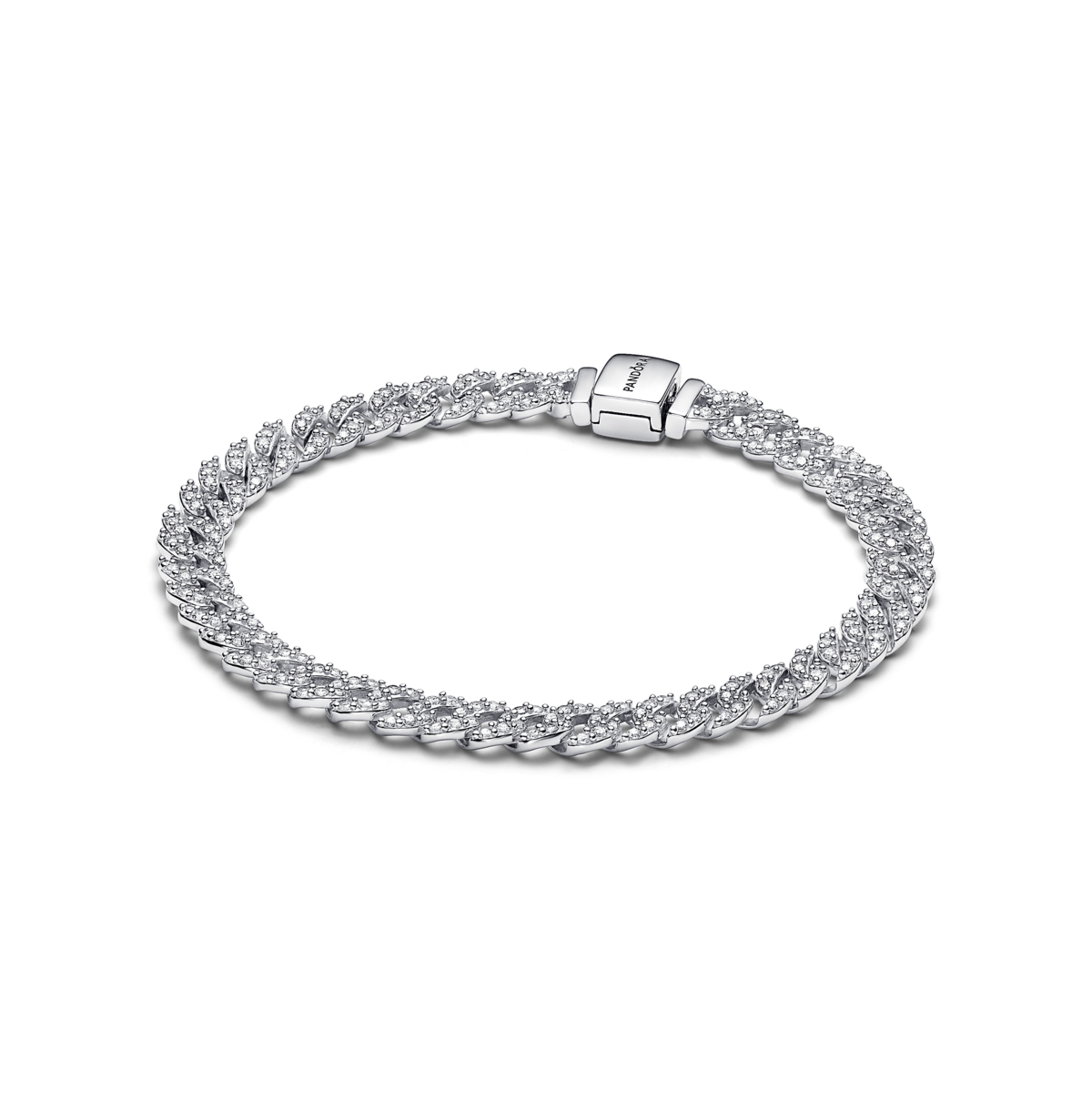 Sterling silver Cuban chain bracelet featuring a pavé design adorned with sparkling cubic zirconia, measuring 16 cm in length.