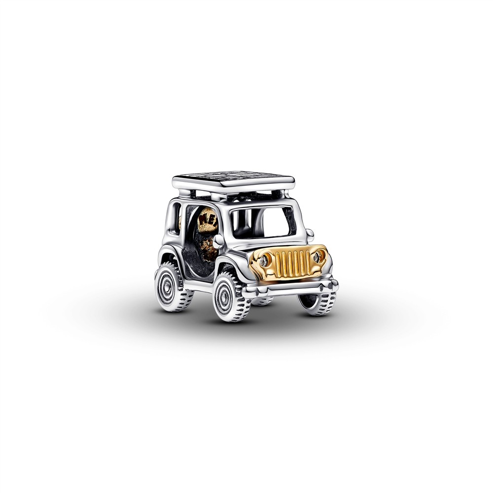 Silver and gold bi-material charm shaped like a classic off-road car, featuring detailed wheels, a black roof, and a small figure inside, perfect for adventurer-themed jewelry.