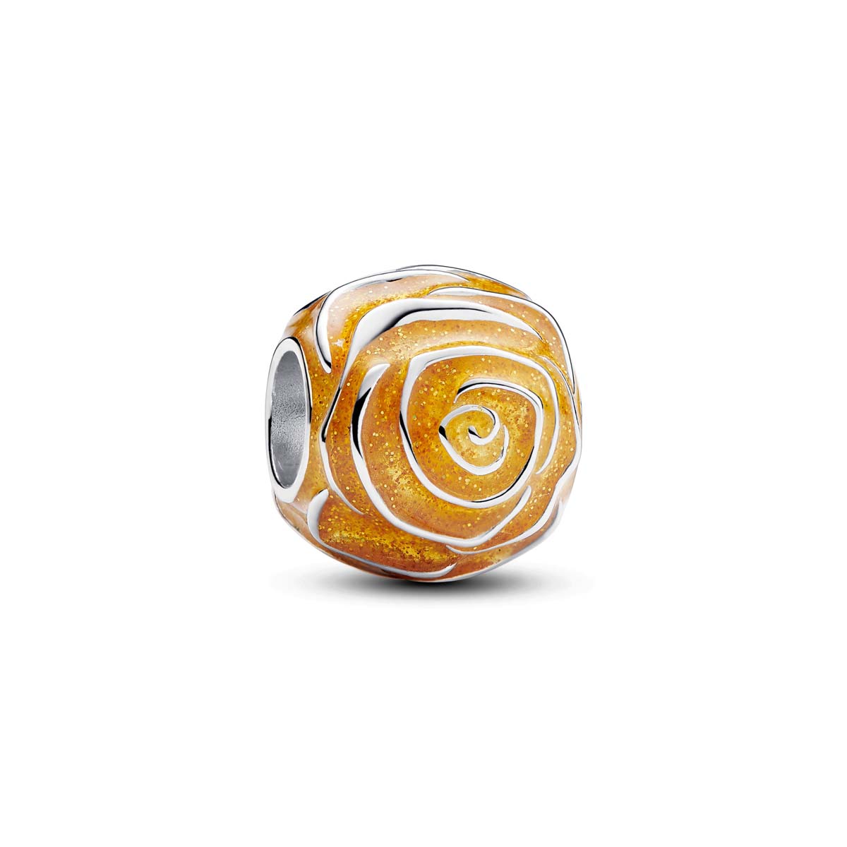 Yellow rose charm featuring intricate silver detailing and a glossy finish, capturing the essence of a blooming rose with sparkling accents.