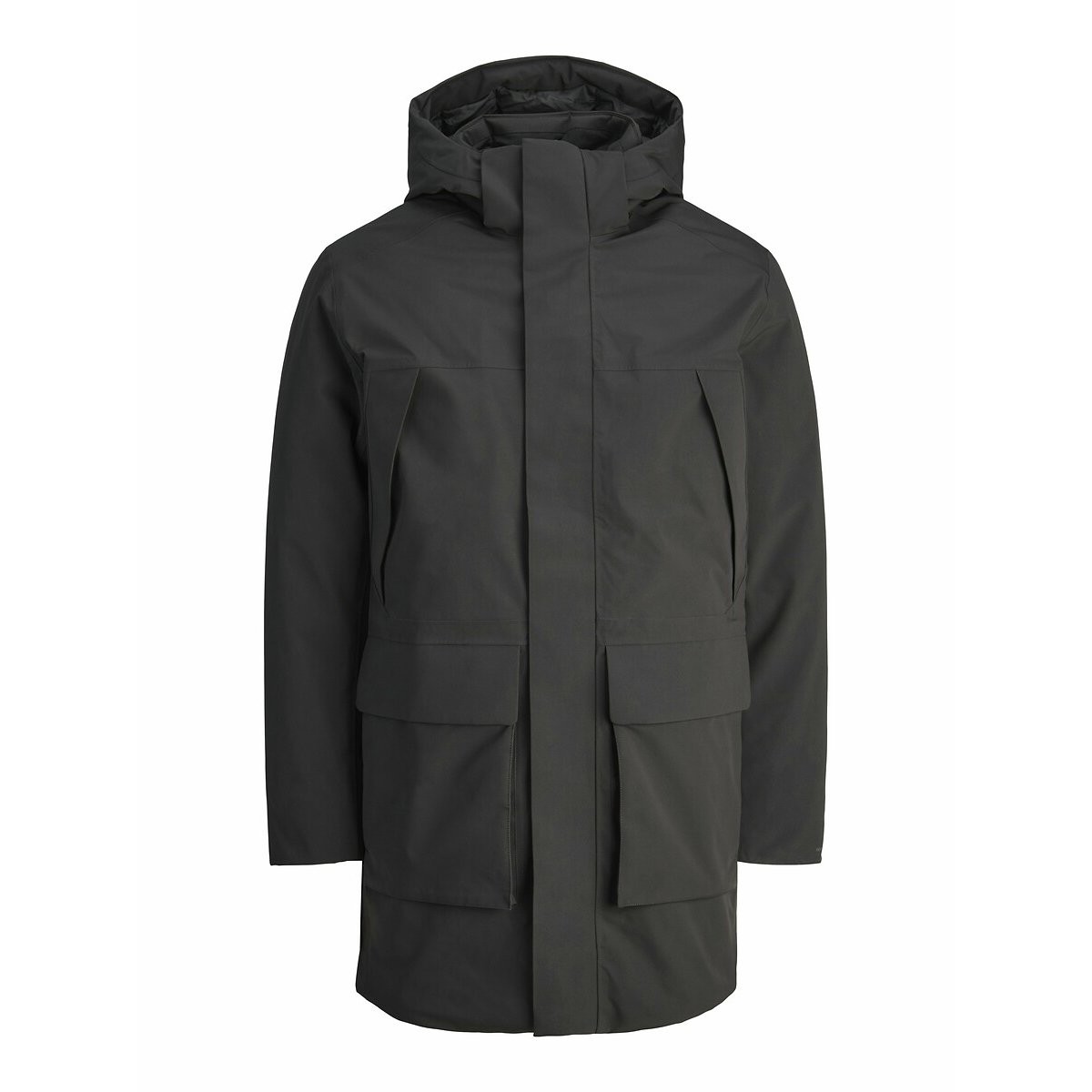 Dark green parka jacket by Jack & Jones featuring a high collar, zip closure, and multiple front pockets, made from a water-resistant material.