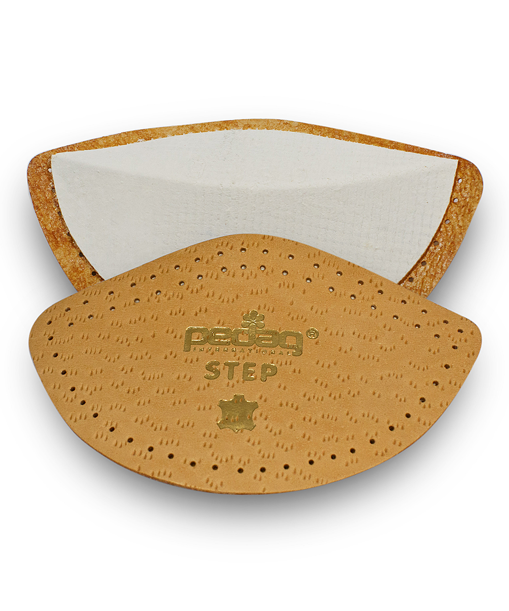 Light brown arch supports with a textured surface and a white top layer, designed for comfort and support, featuring the "Pedag Step" logo prominently embossed.