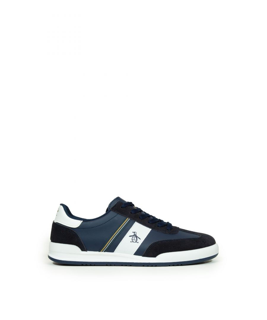 Blue Penguin Gaz Court Trainers featuring a suede and synthetic upper, white accents, a logo on the side, and a cushioned sole for comfort.