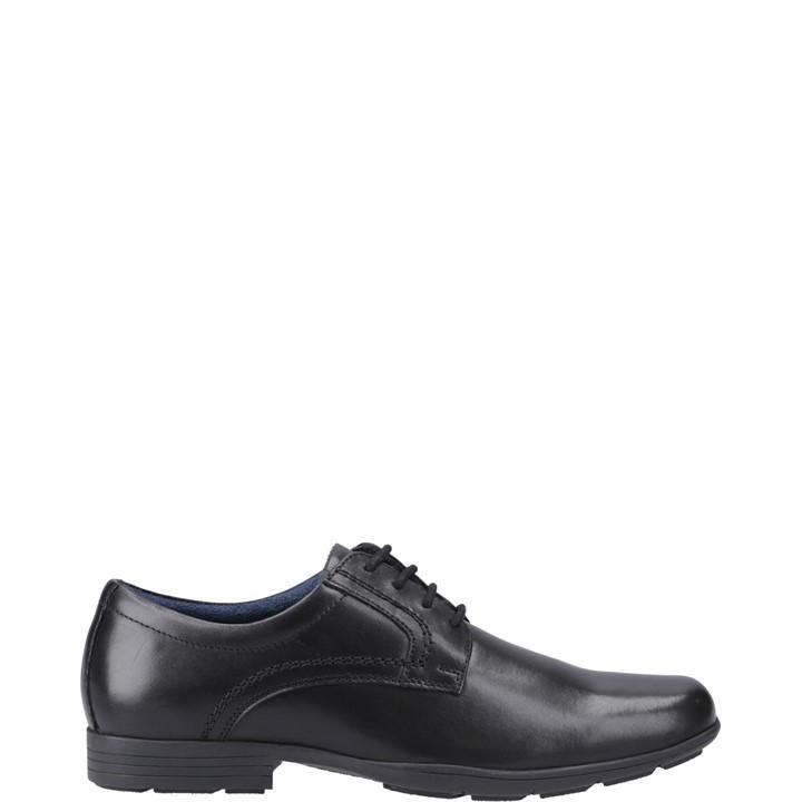 Black leather lace-up shoes for men by Pod, featuring a sleek design, rounded toe, and a low heel, ideal for formal or smart-casual occasions.