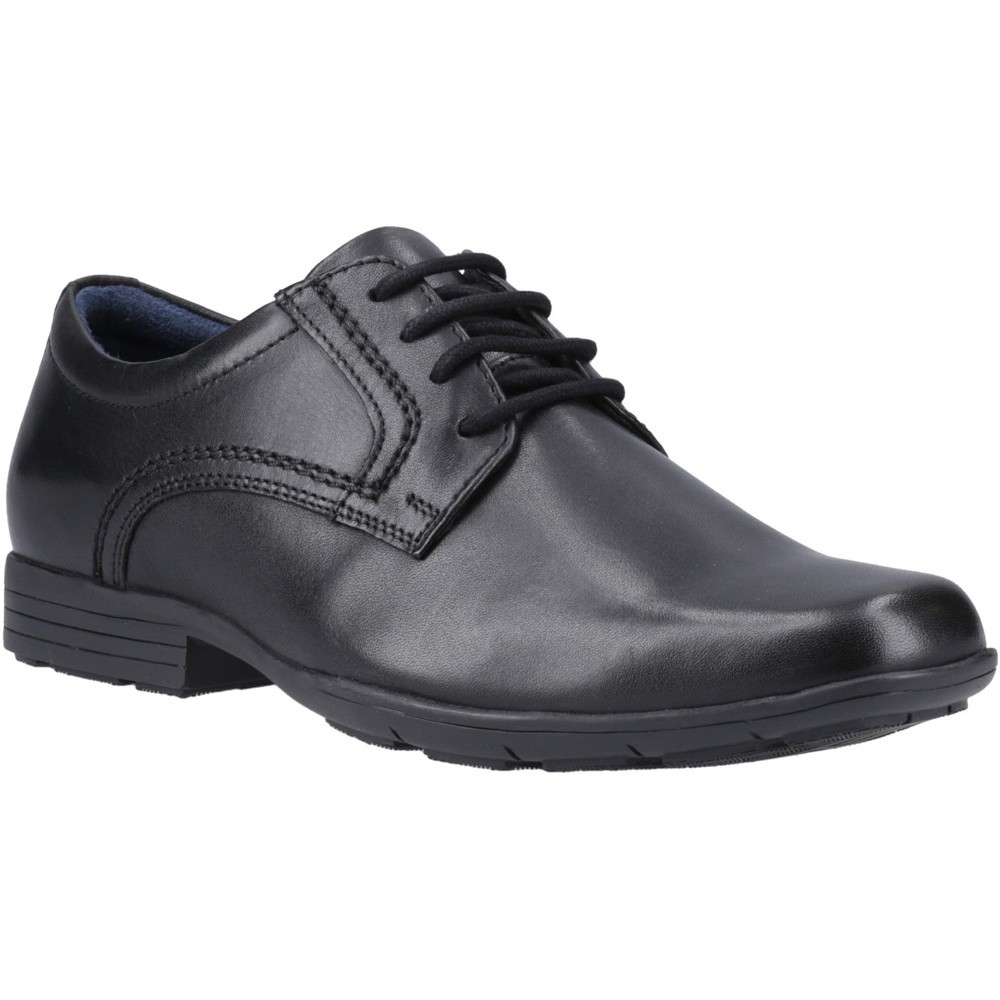Black leather youth dress shoes with a smooth finish, featuring a classic lace-up design, stitched detailing, and a durable rubber sole.