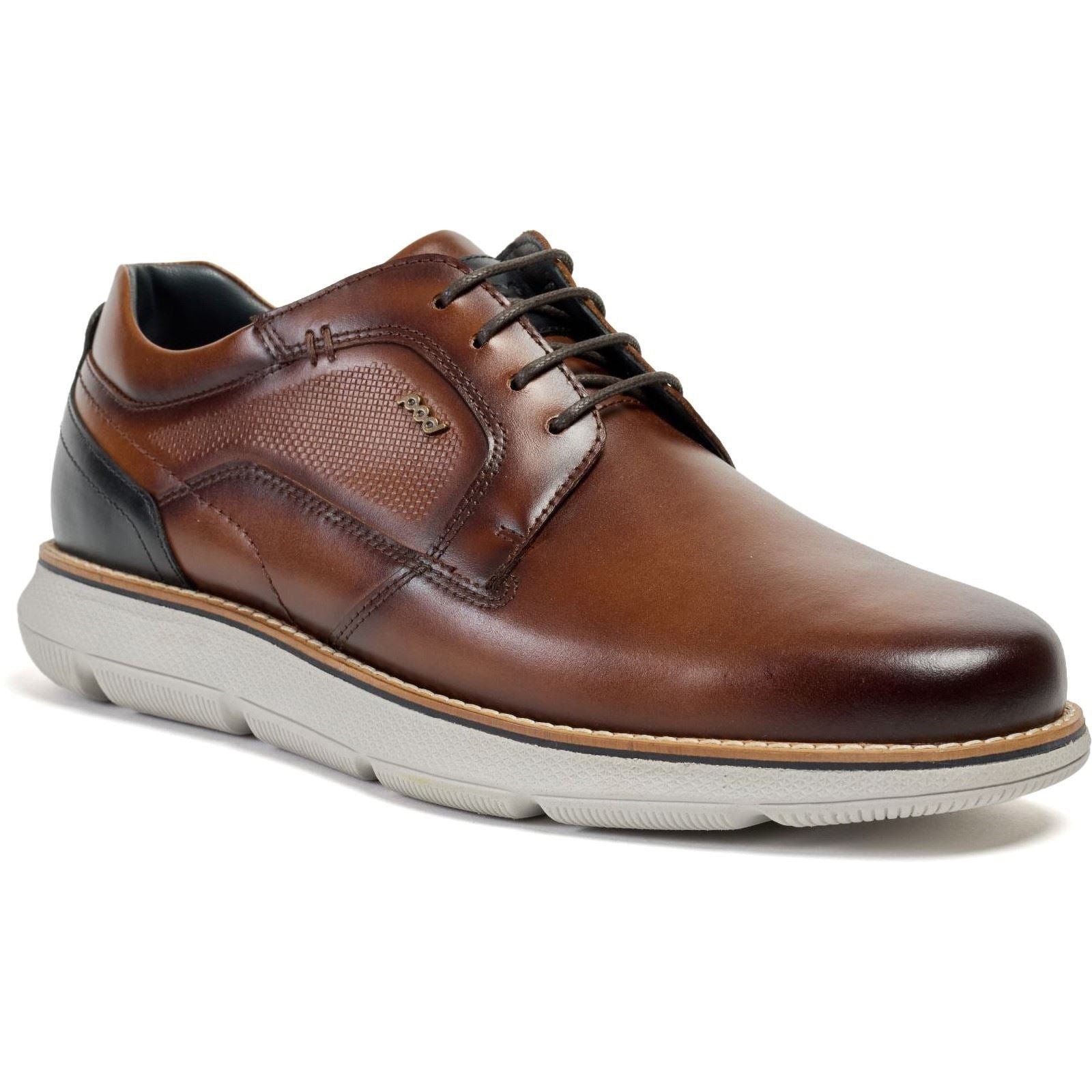 Cognac leather lace-up shoes featuring a smooth finish, textured side panel, black heel accent, and a cushioned white sole for comfort.
