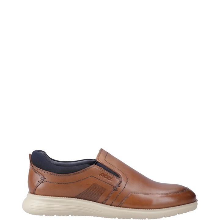 Men's Holden sneaker shoes by Pod in cognac leather, featuring a slip-on design, contrasting navy lining, and a lightweight white sole.
