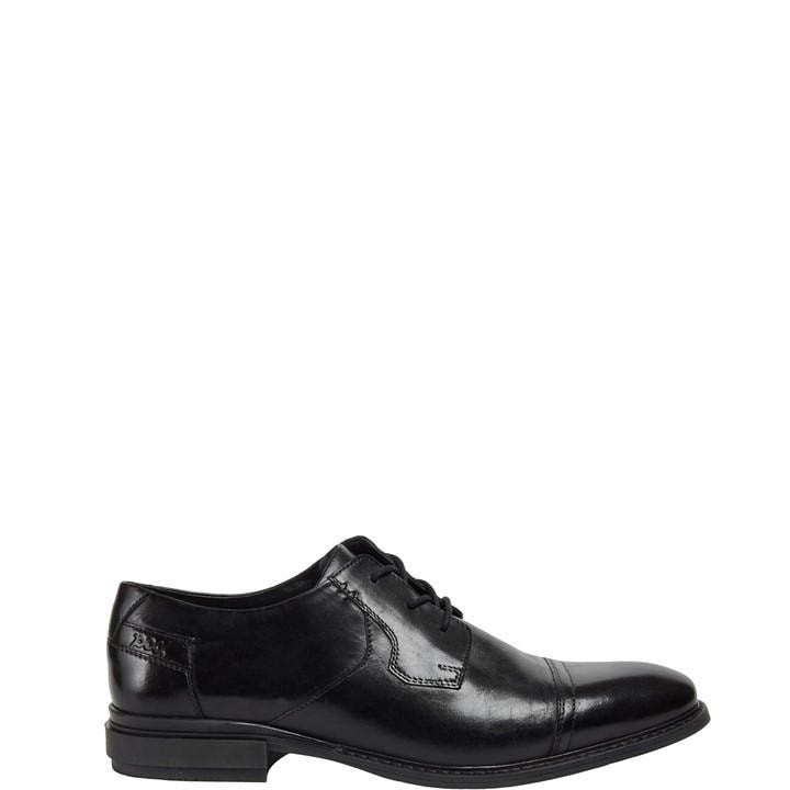 Black leather formal shoes for men by Pod, featuring a smooth finish, lace-up design, and a classic cap toe style for a sophisticated look.