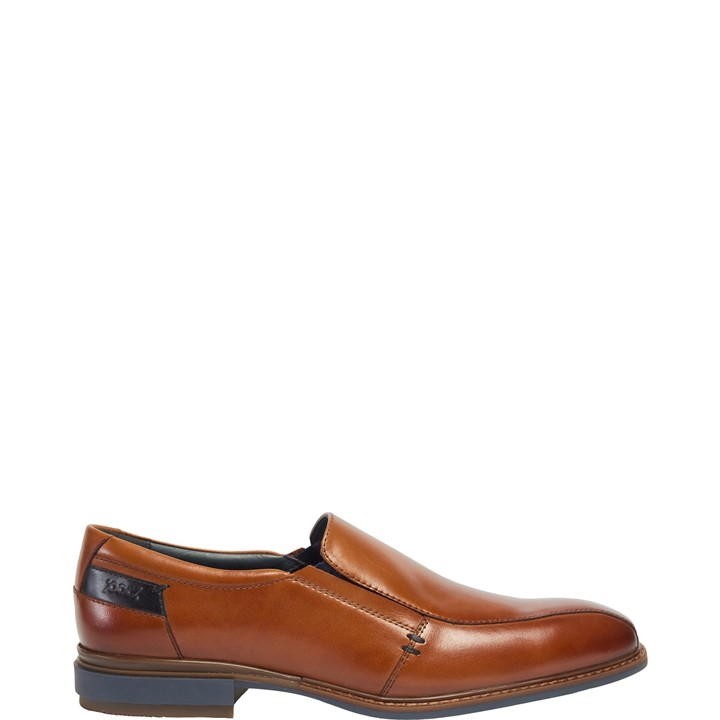 Cognac-colored leather slip-on formal shoe with a sleek design, featuring a smooth finish and a subtle black accent on the heel.