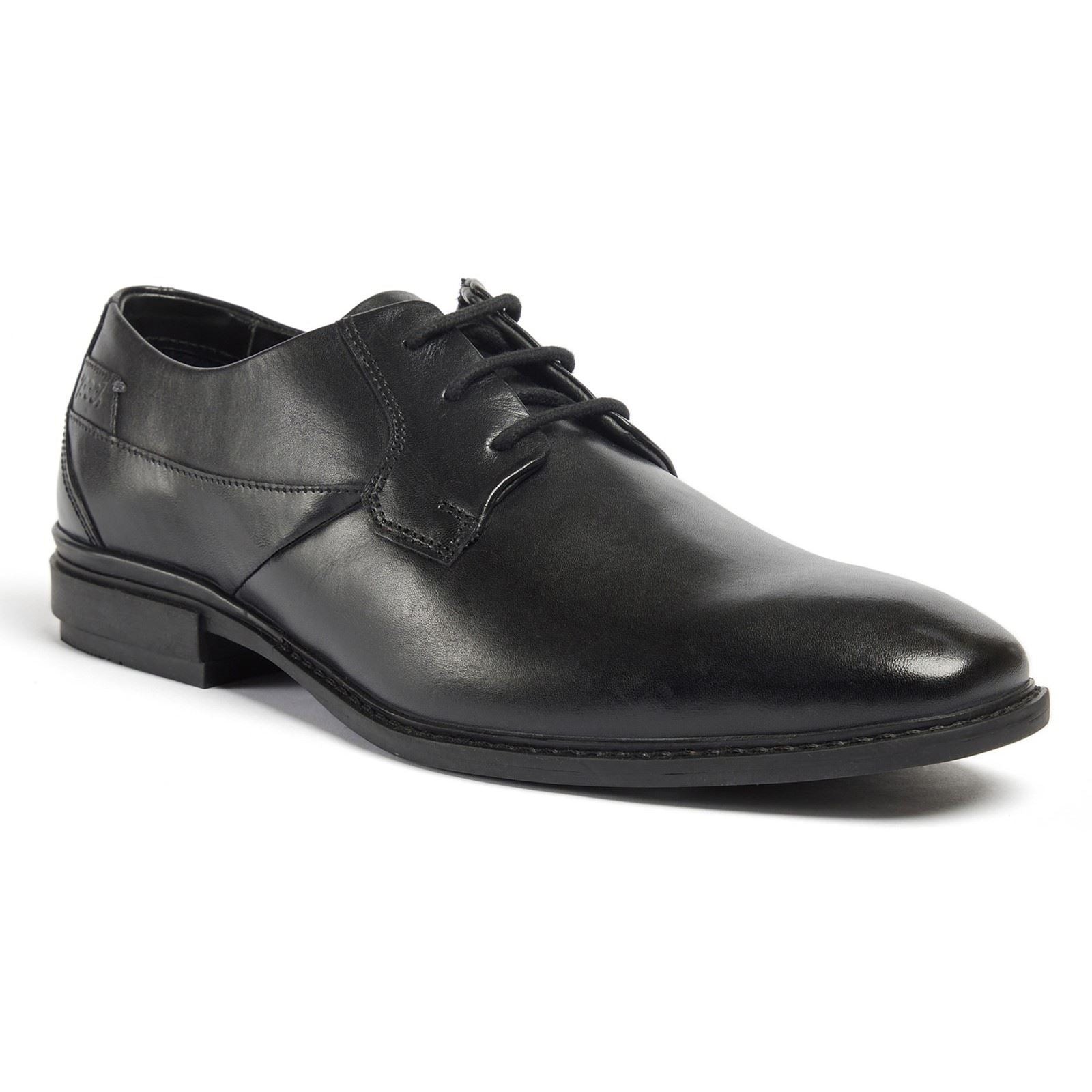 Black leather lace-up shoes for men by Pod, featuring a sleek design, rounded toe, and a low heel for a polished appearance.