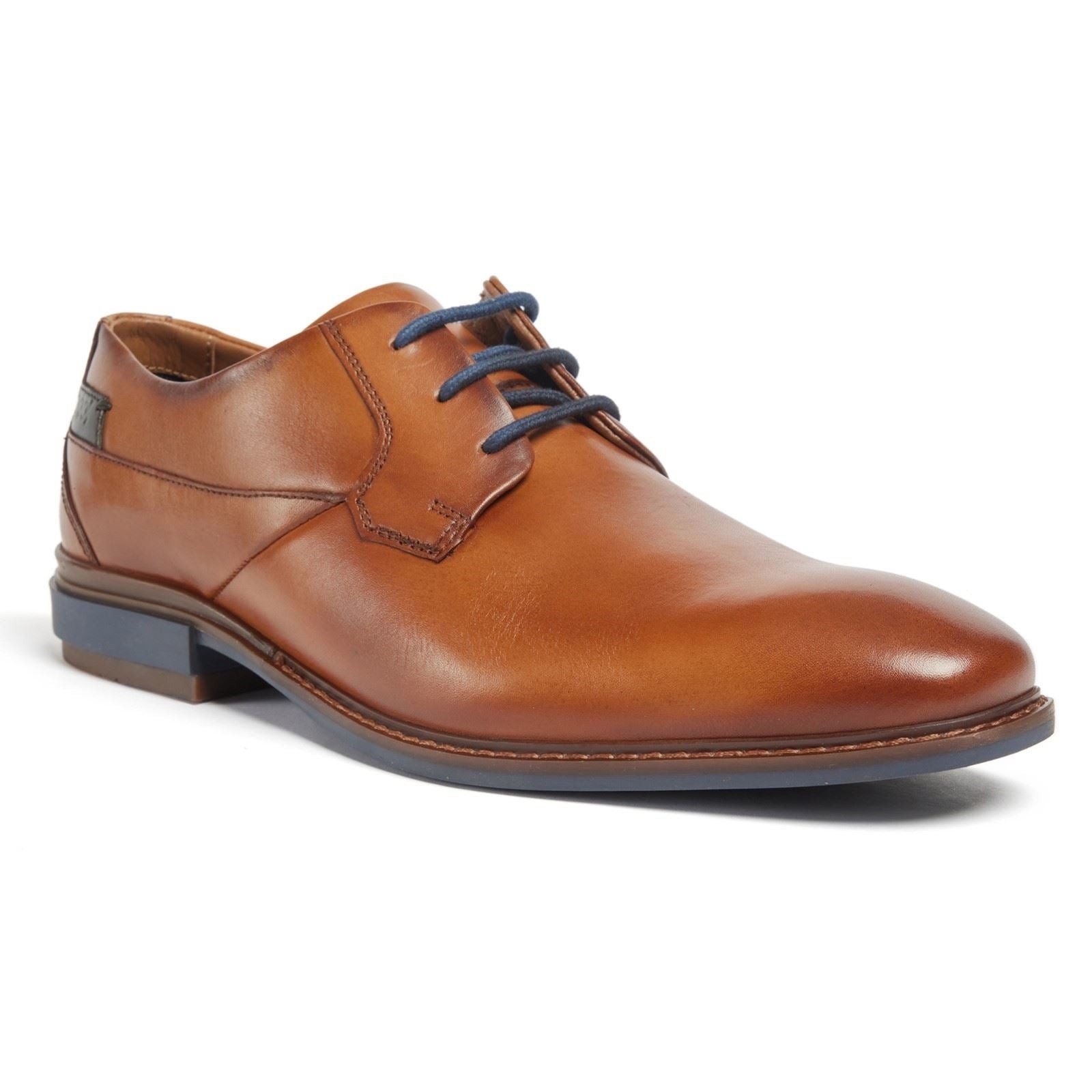 Cognac leather lace-up shoes with a sleek design, featuring blue laces and a contrasting dark sole, ideal for formal or smart-casual occasions.