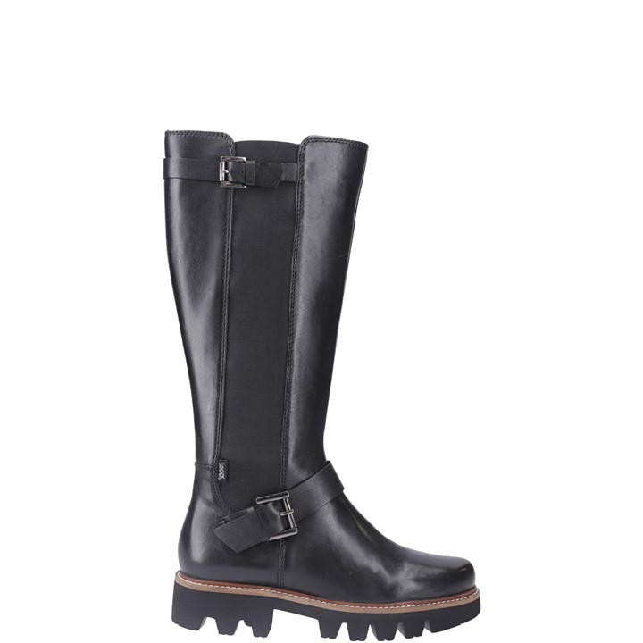 Tall black leather boot featuring a sleek design, adjustable buckle strap, and a chunky sole for added grip and style.