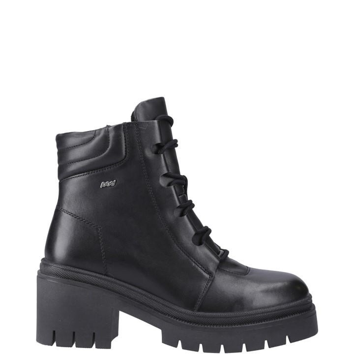 Black heeled boot featuring a chunky sole, lace-up front, and smooth leather material, designed for women's fashion by Pod.