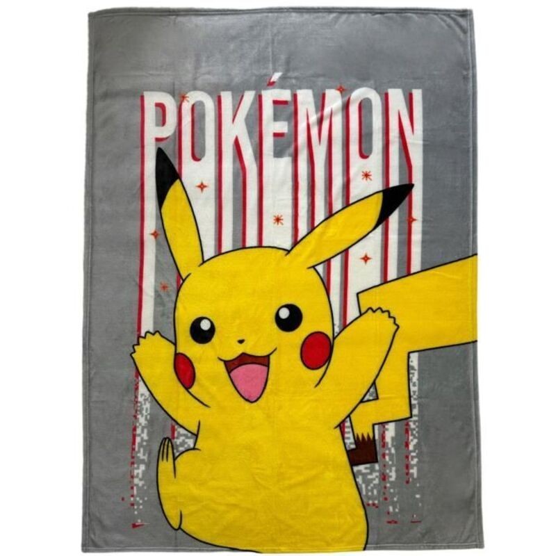 Soft gray plaid featuring a large, cheerful Pikachu with red cheeks and a bright yellow tail, alongside bold "POKÉMON" text in red and black. Measures 130 x 180 cm.