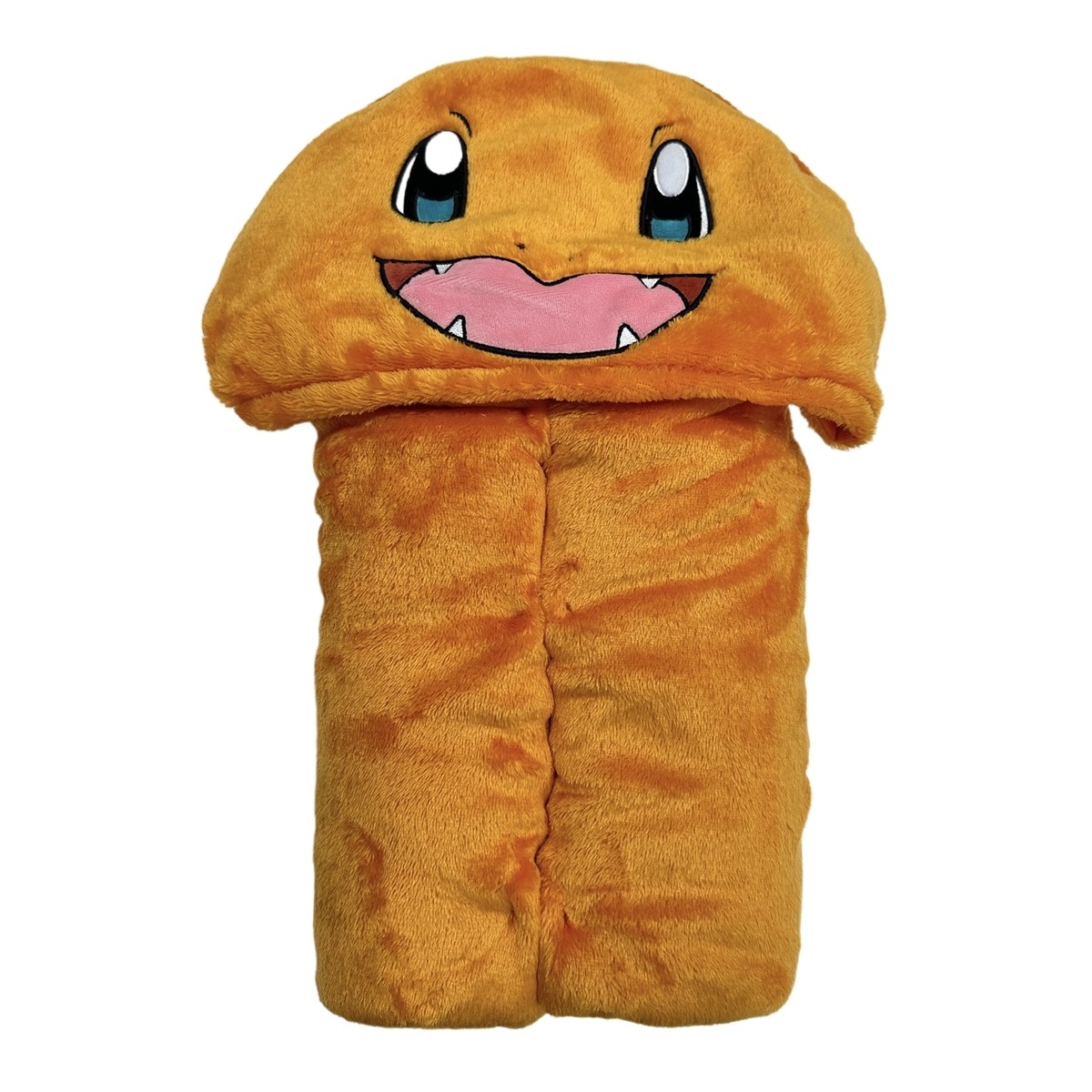 Bright orange hooded blanket featuring a smiling Salameche (Charmander) face, made of soft plush material, perfect for children.