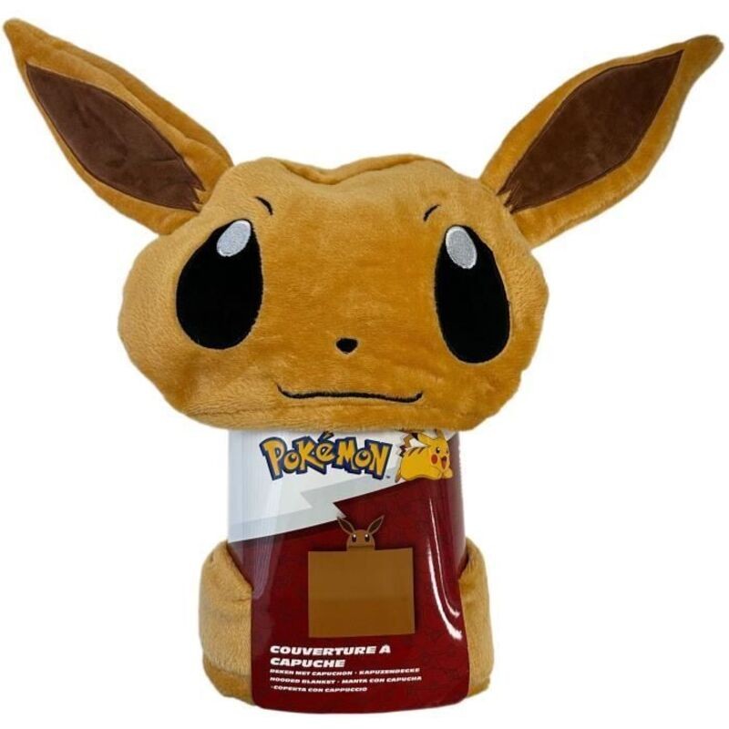 Soft, plush 3D hooded blanket featuring Pokémon's Eevee, with large ears and expressive eyes, in warm brown tones, measuring 120 x 150 cm.