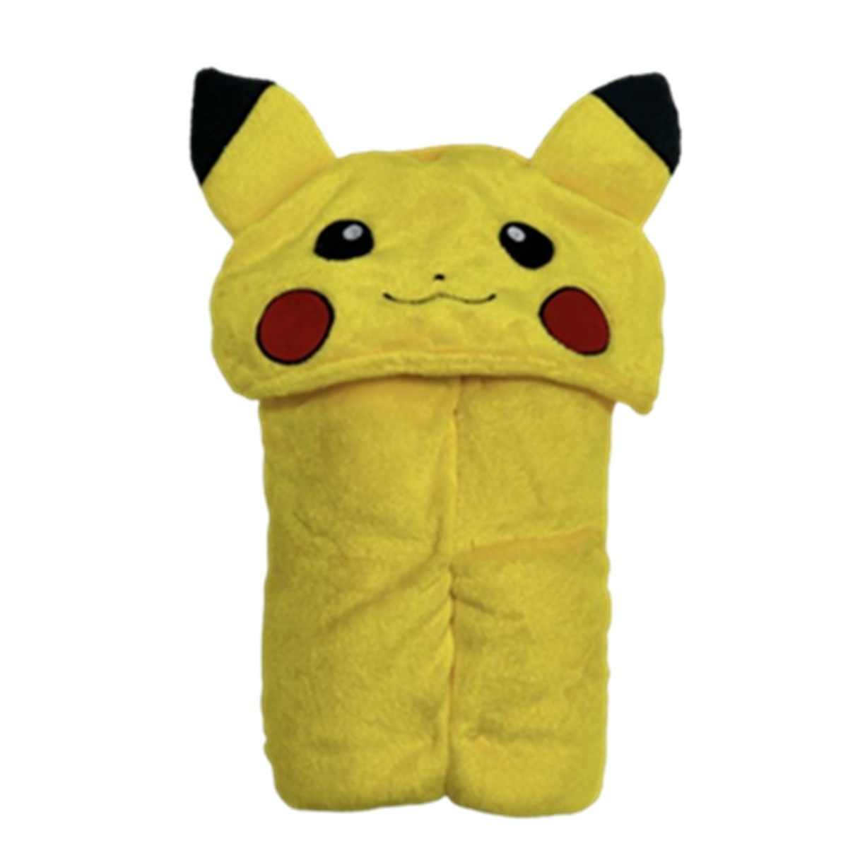 Yellow hooded blanket featuring Pikachu's face, with large ears, black tips, and red cheeks, made of soft, plush material for children.