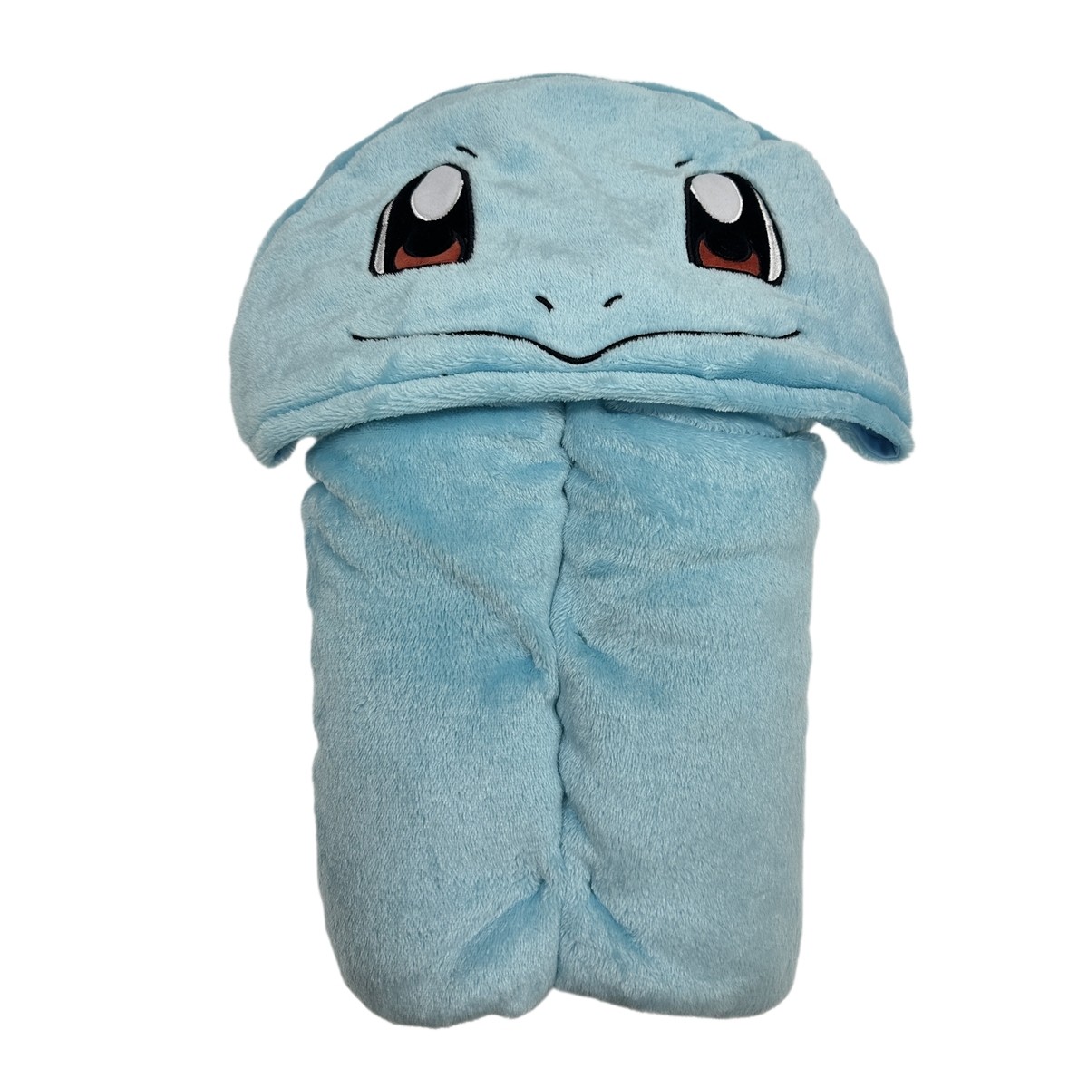 Soft, light blue hooded blanket featuring a smiling Squirtle face with large eyes, made of plush material, perfect for children.