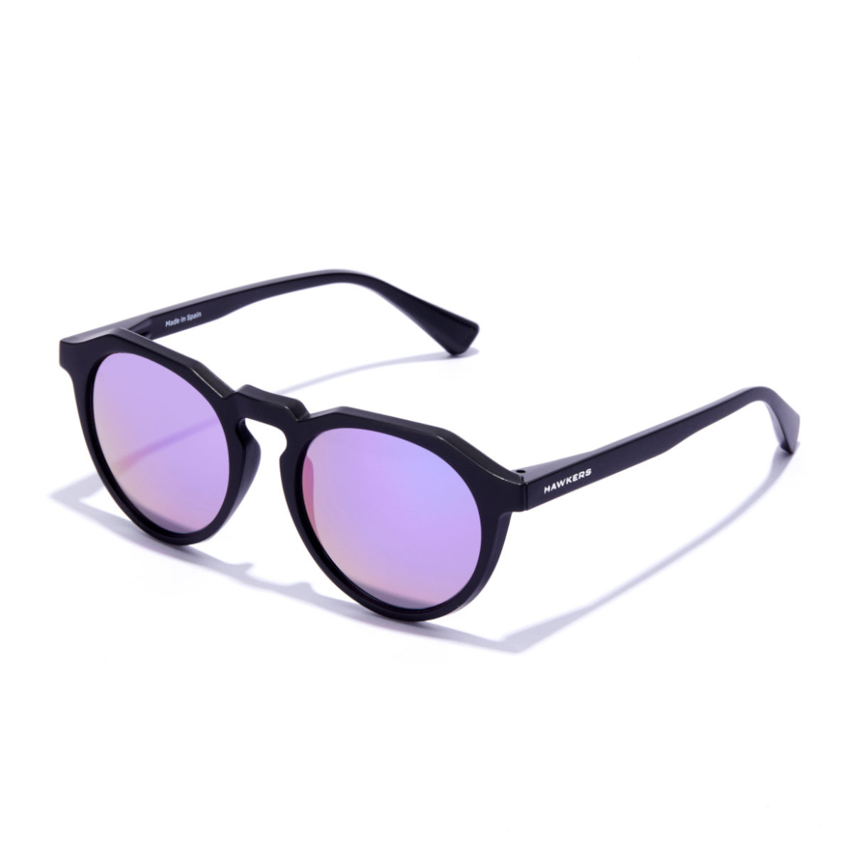 Black polarized sunglasses with a round frame and purple lenses, featuring the "HAWKERS" logo on the side.