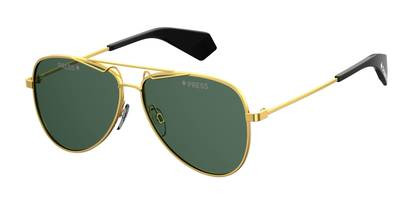 Sleek aviator sunglasses with a gold metal frame, green lenses, and black temple tips, featuring a minimalist design and lightweight construction.