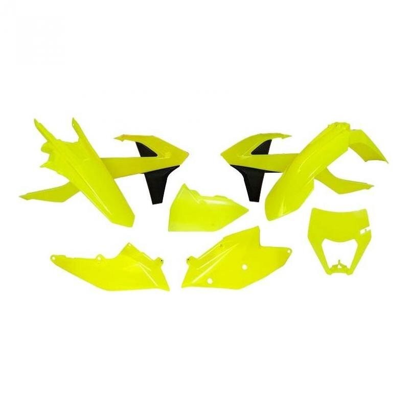 Fluro yellow plastic bodywork kit for KTM EXC/EXC-F models from 2017-2019, featuring multiple panels including side covers, front fender, and number plate.