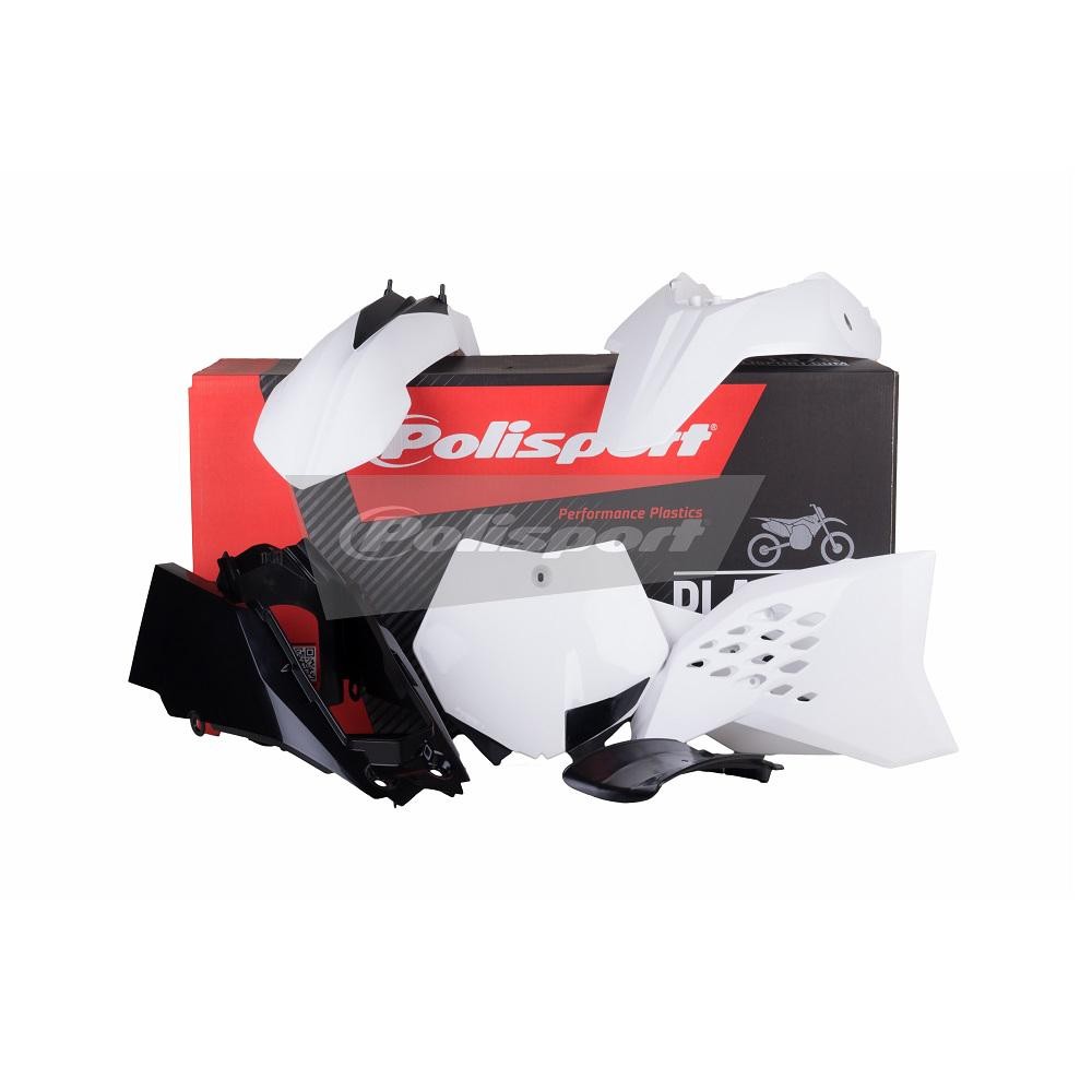 Polisport Plastics Kit for KTM SX65 (2012-15) featuring white plastic body panels and a black rear fender, displayed against a red and black branded box.