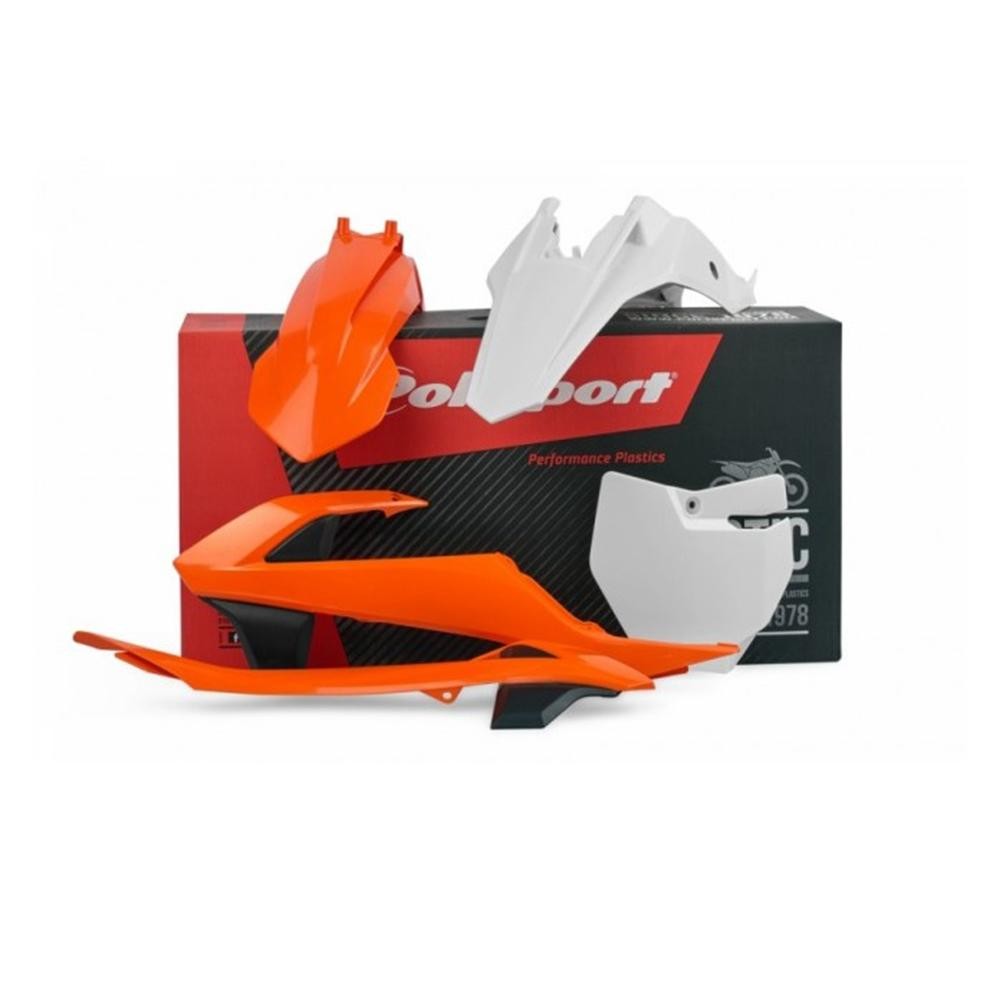 Polisport Plastics Kit for KTM SX65 (2016-2021) featuring vibrant orange and white plastic components, including a front fender, side panels, and rear number plate, packaged in a branded box.