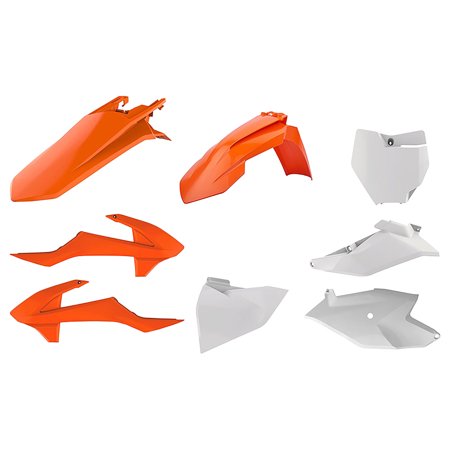 Polisport Plastics Kit for KTM SX85 (2018-2024) featuring orange and white durable plastic body panels, including front fender, side panels, and rear cover.