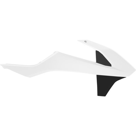 White and black Polisport radiator scoops designed for KTM SX65 models from 2016 to 2023, featuring a sleek, aerodynamic shape and durable plastic material.