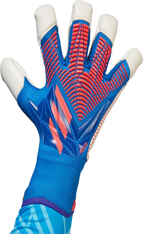 Blue goalkeeper gloves with a textured grip, featuring bright orange accents and a snug fit, designed for optimal performance, size 10.