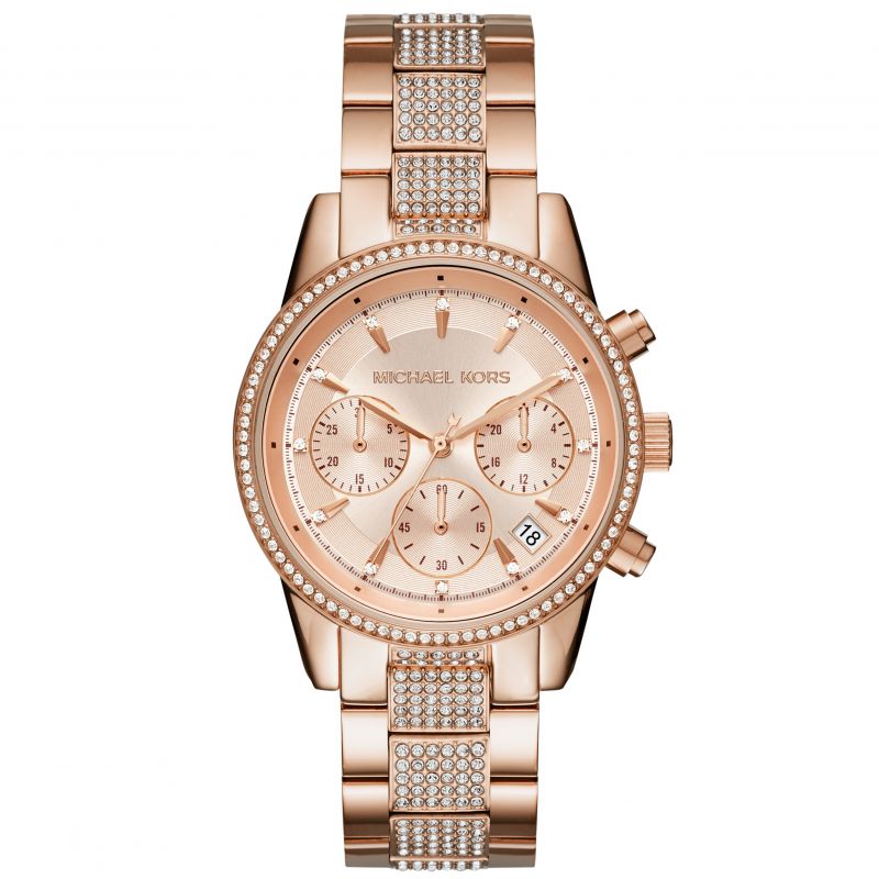 Rose gold Michael Kors MK6485 Ritz Chronograph ladies watch featuring a sparkling bezel, three sub-dials, and a date display, with a polished metal bracelet.