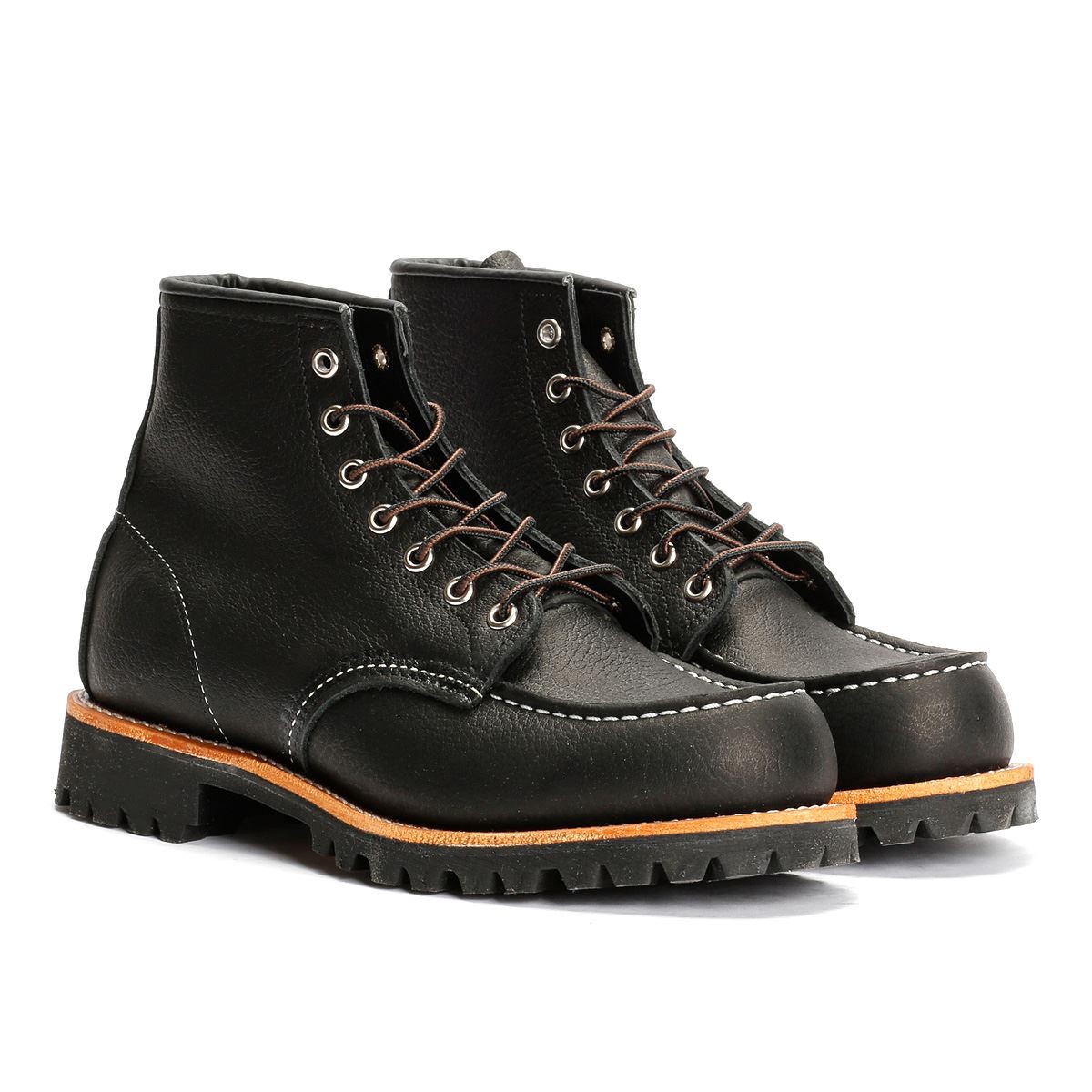 Black leather men's boots with a moc toe design, featuring metal eyelets, brown laces, and a rugged rubber sole, ideal for work and outdoor activities.