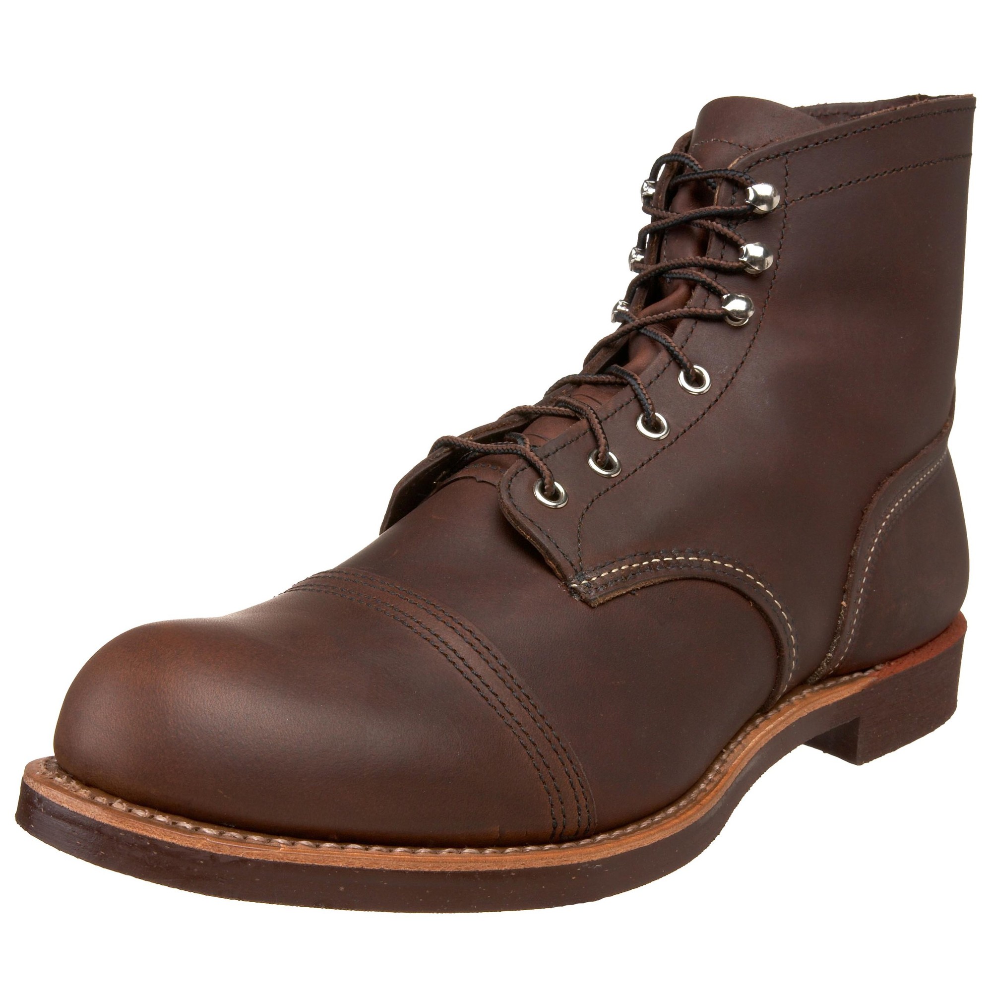 Brown leather lace-up boots featuring a rounded toe, metal eyelets, and a sturdy lug sole, designed for durability and style, with a classic Amber Harness finish.