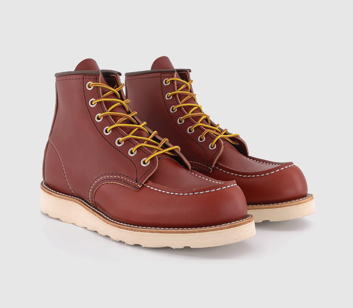 Red Wing 8875 men's heritage work boots in Oro Russet leather, featuring a 6-inch moc toe design, yellow laces, and a cream rubber sole.