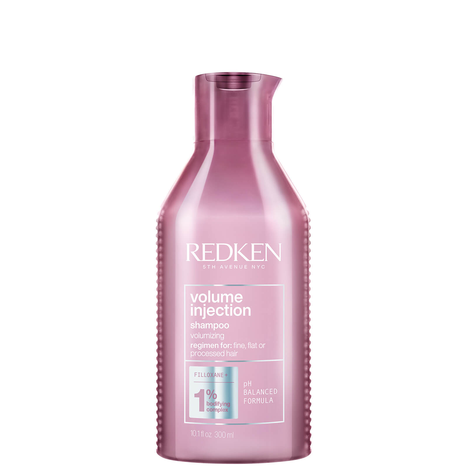 Redken Volume Injection Shampoo in a 300 ml pink plastic bottle features a sleek design with a flip-top lid and text highlighting its volumizing and pH balanced formula.