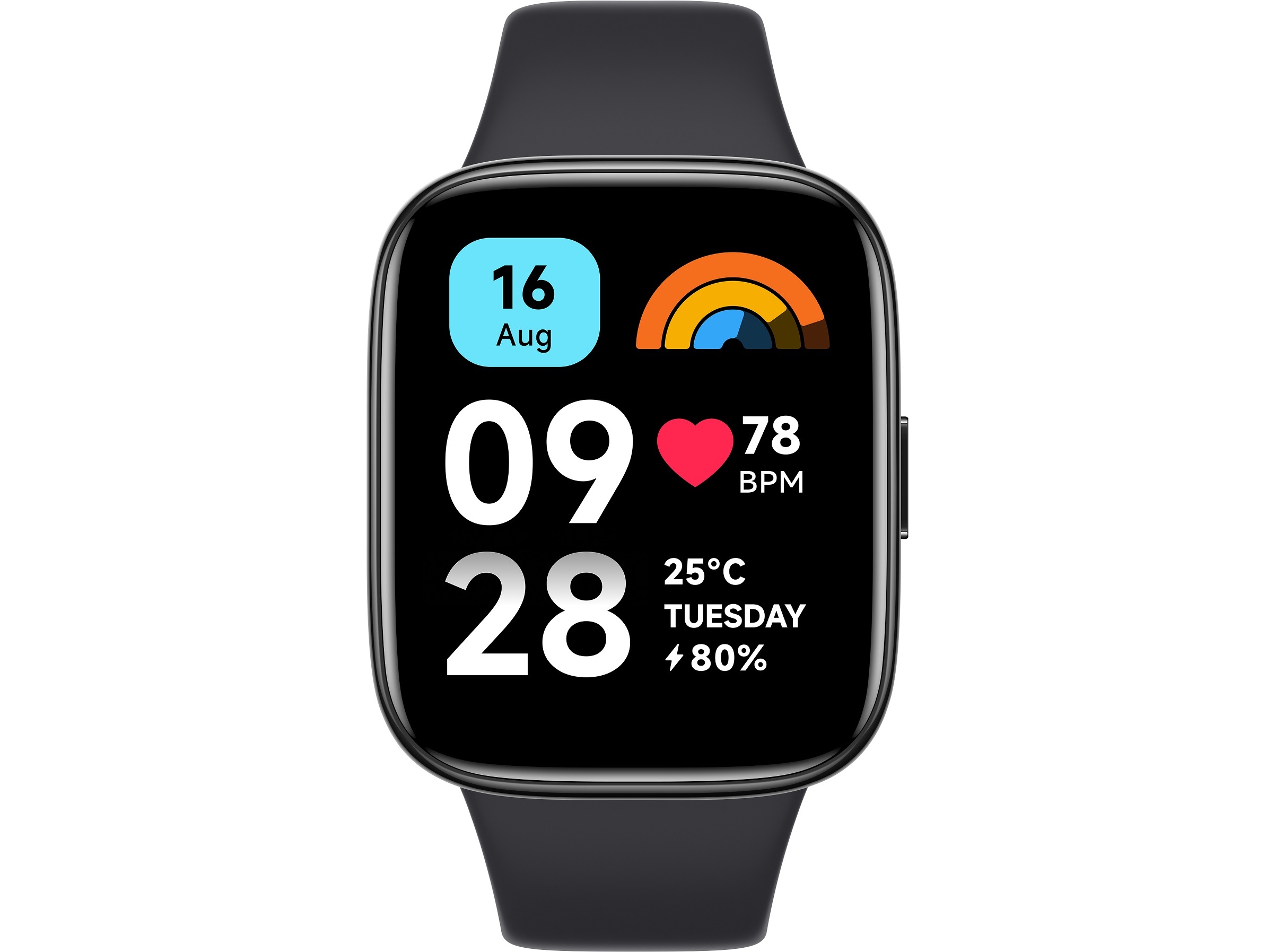 Black Xiaomi Redmi Watch 3 Active features a 1.83" LED touchscreen displaying the date, heart rate, temperature, and battery percentage in vibrant colors.