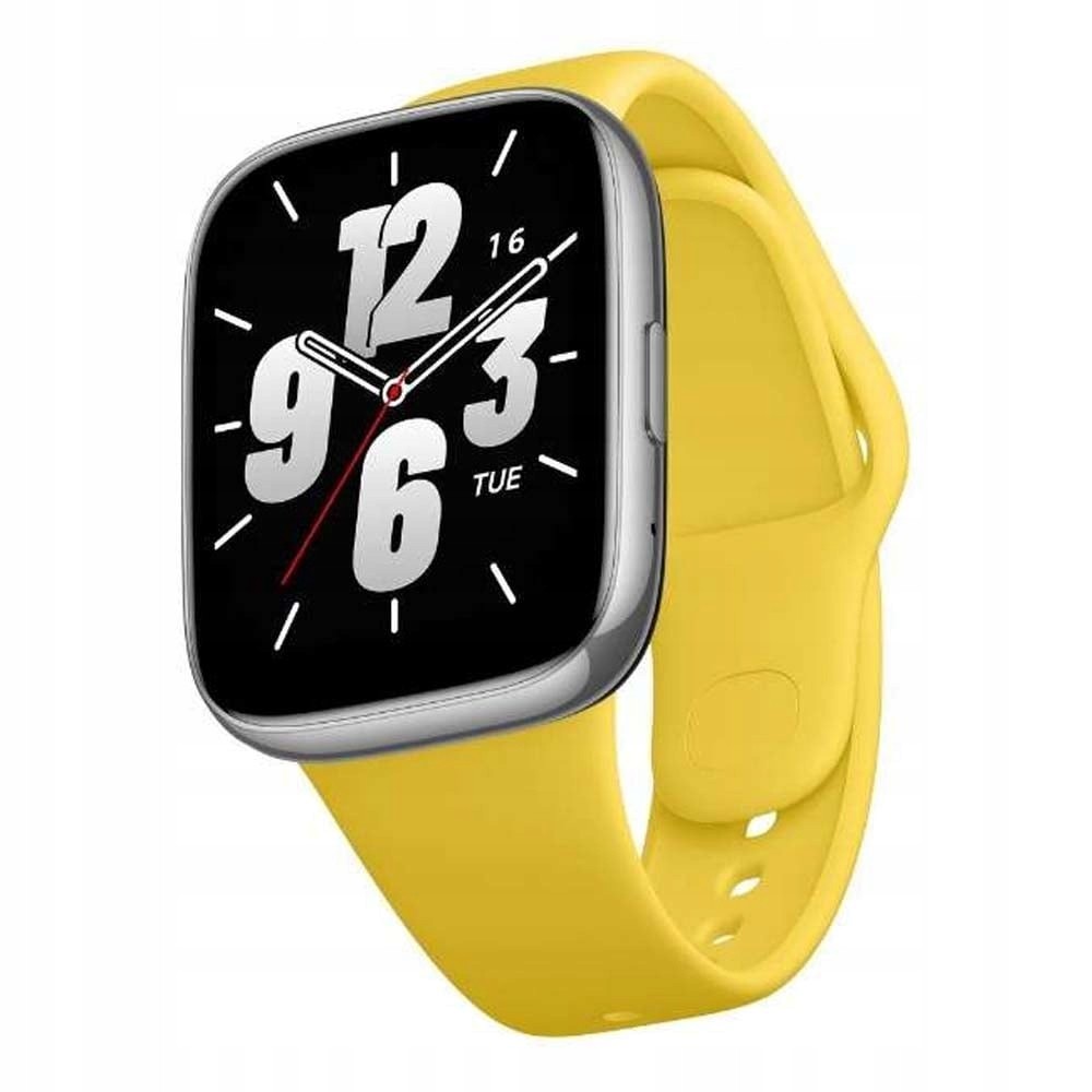 Yellow smartwatch with a square face, large white and black numbers, date display, and a silicone strap, designed for wrist sizes 135-200 mm.