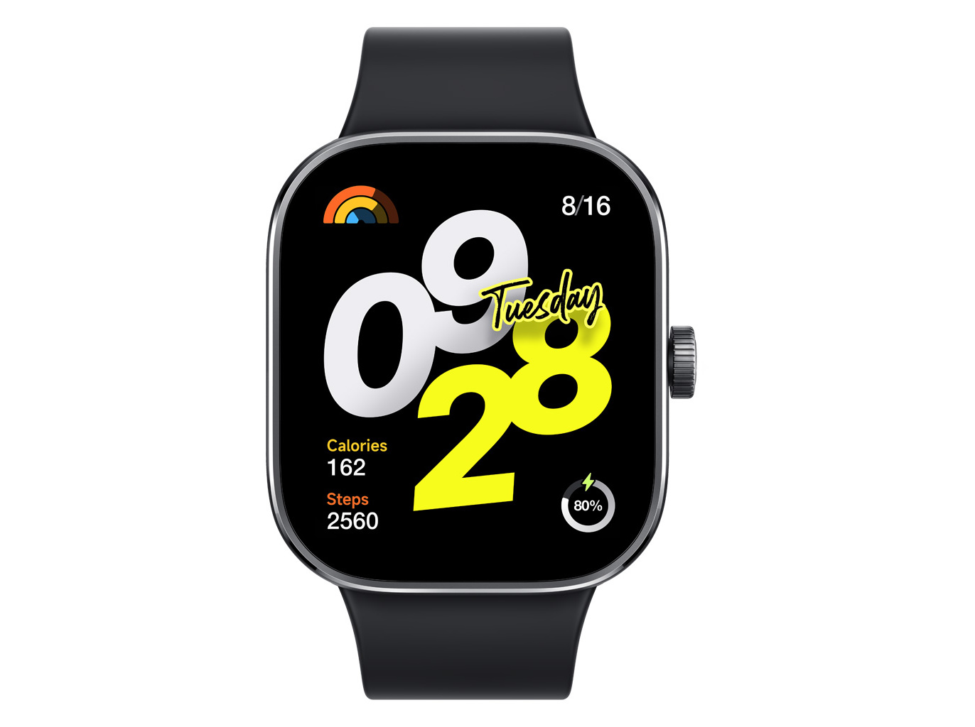 Black smartwatch with a square display, featuring a colorful digital clock, step counter, and calorie tracker, complemented by a sleek silicone strap.