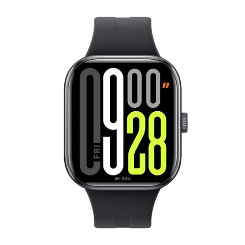 REDMI Watch 5 in Obsidian Black features a sleek square display with bold digital time and date, a vibrant green accent, and a matte black silicone strap.
