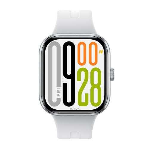 Silver grey REDMI Watch 5 with a rectangular display, featuring a colorful digital clock face showing the time and date, and a white silicone strap.
