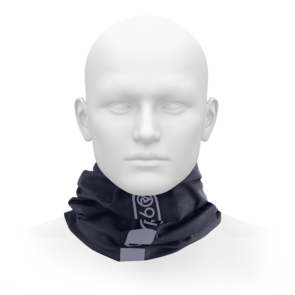 Reflective black neck warmer made of breathable material, featuring a stylish design with the Proviz logo prominently displayed.