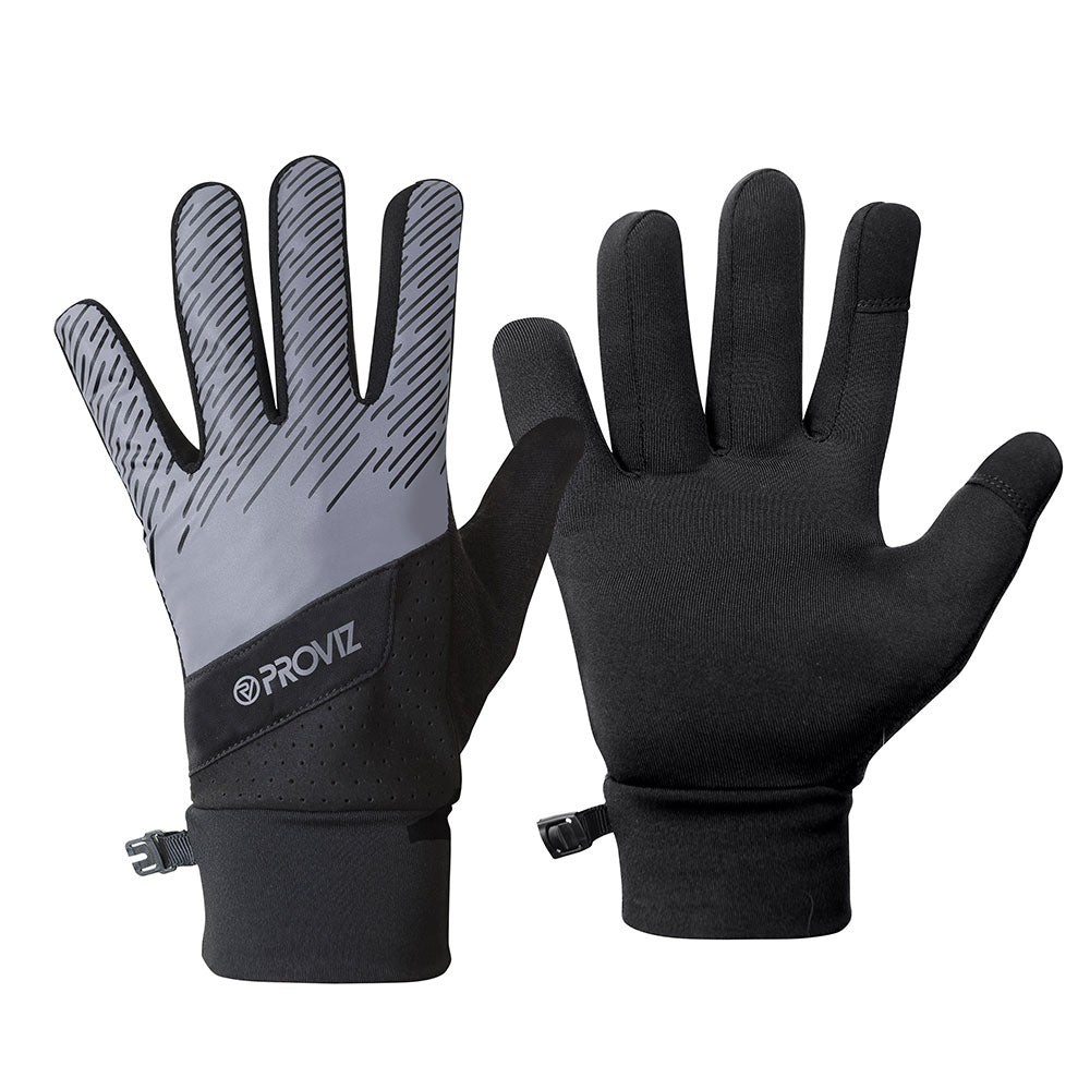 Reflective lightweight running gloves by Proviz in black and gray, featuring a textured grip, elastic cuffs, and a snug fit for enhanced visibility and comfort during outdoor activities.