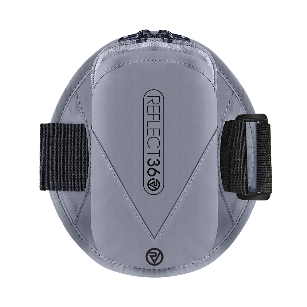 Gray reflective running phone holder with a zippered compartment and adjustable black straps for secure attachment, featuring the "Reflect36" logo prominently displayed.