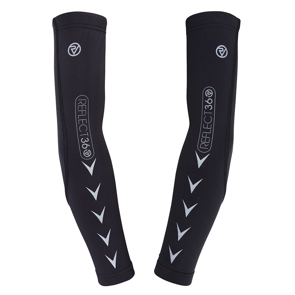 Black reflective training arm warmers featuring a sleek design with white reflective logos and chevron patterns for visibility during outdoor activities.